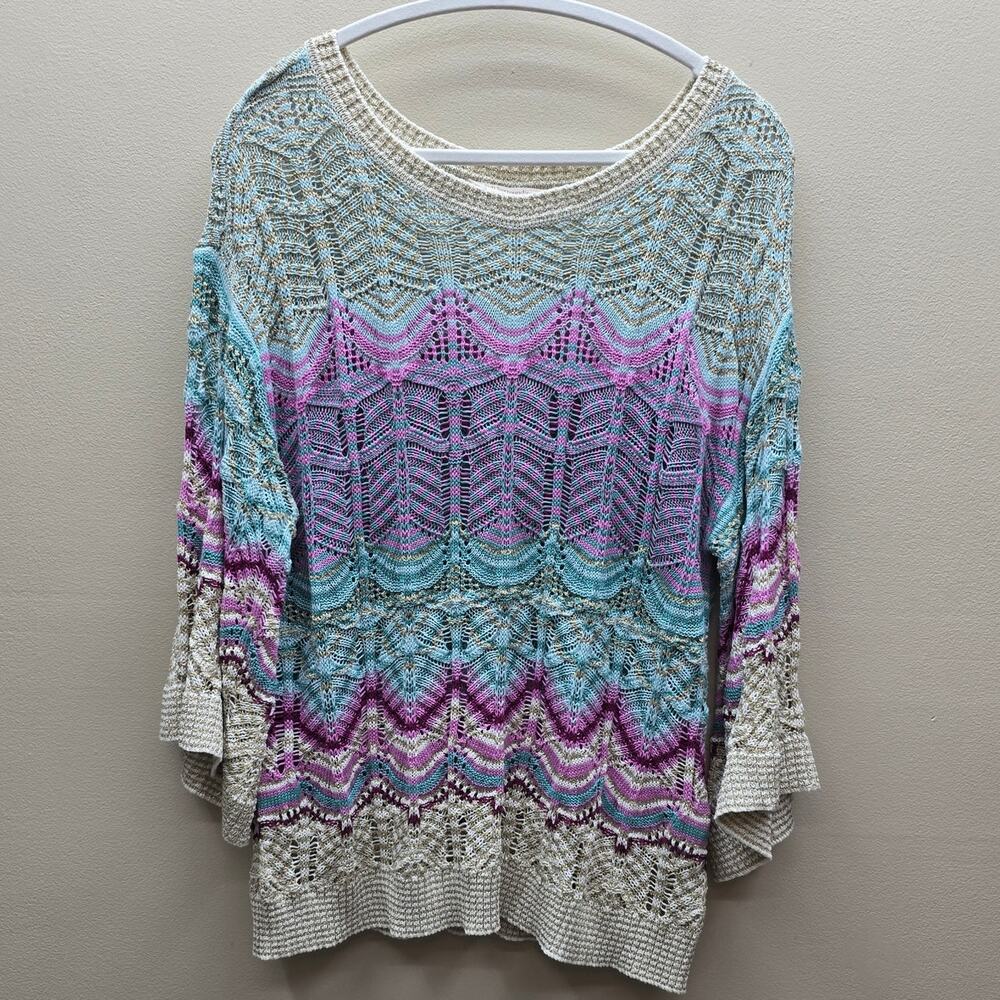 Soft Surroundings Thereze Chevron Stripe Pointelle Metallic Open Knit Sweater PL